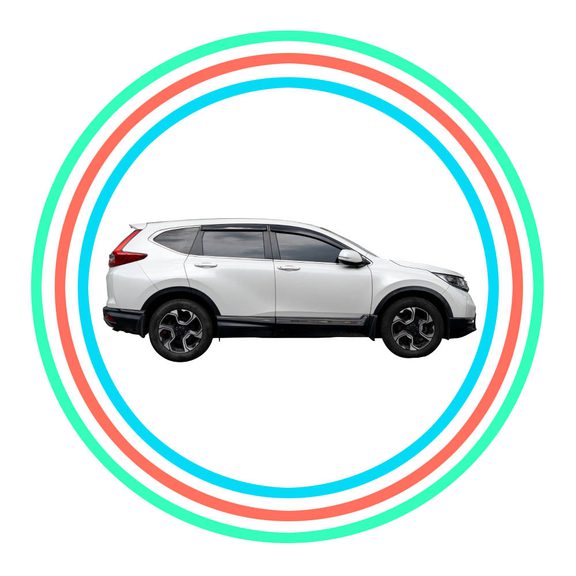 White car with blue, red, and green rings around the car